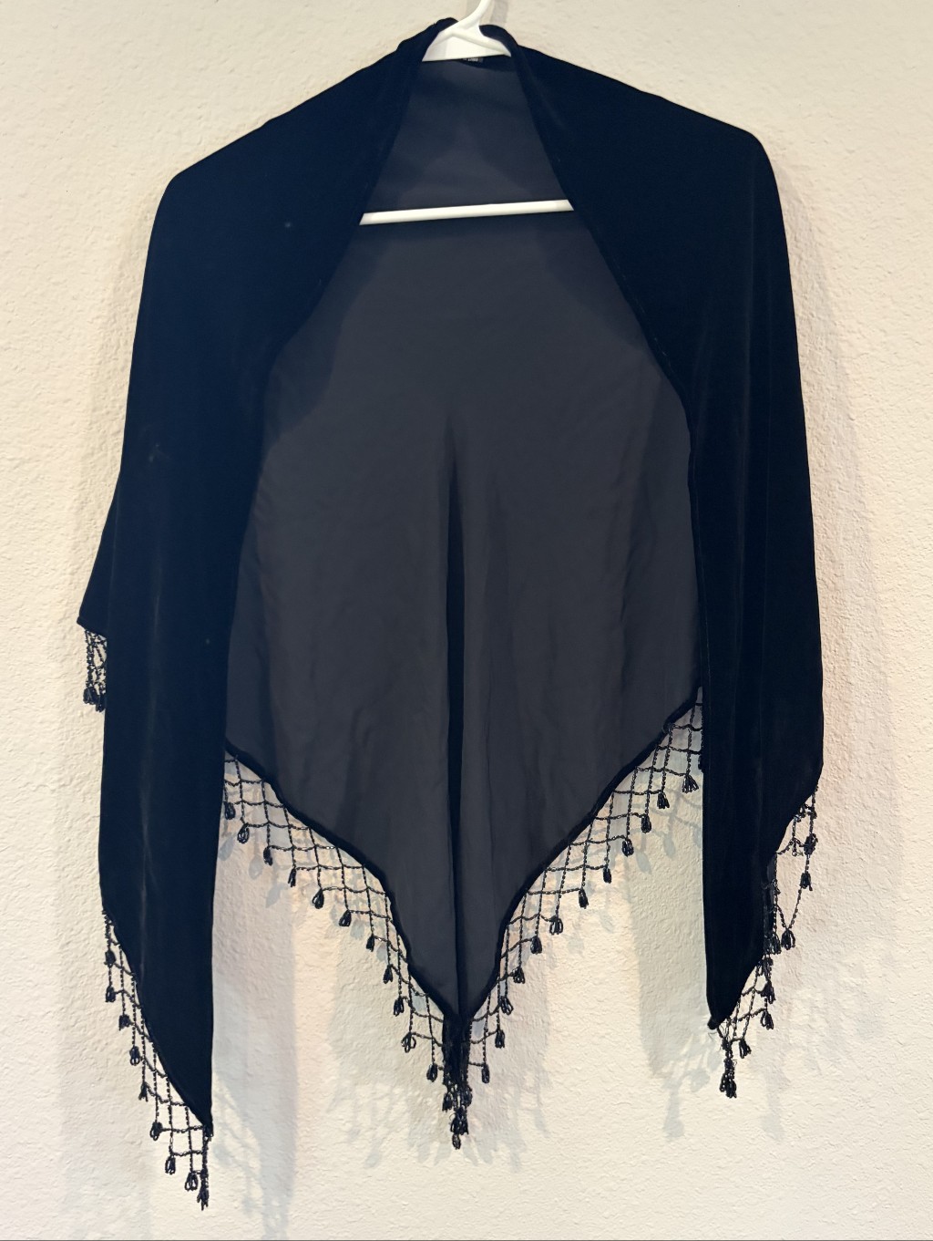 Vintage Classic Black Velour Beaded Trim Shawl Wrap Formal Rayon Silk Blend Osfm